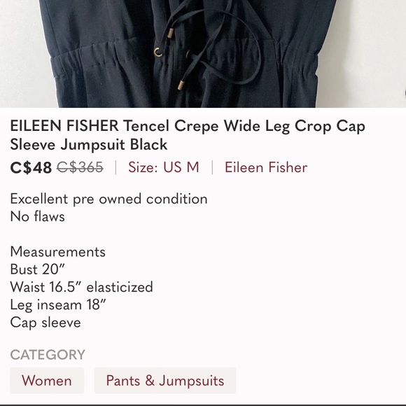 EILEEN FISHER Tencel Crepe Wide Leg Crop Cap Sleeve Jumpsuit Black - Picture 9 of 9